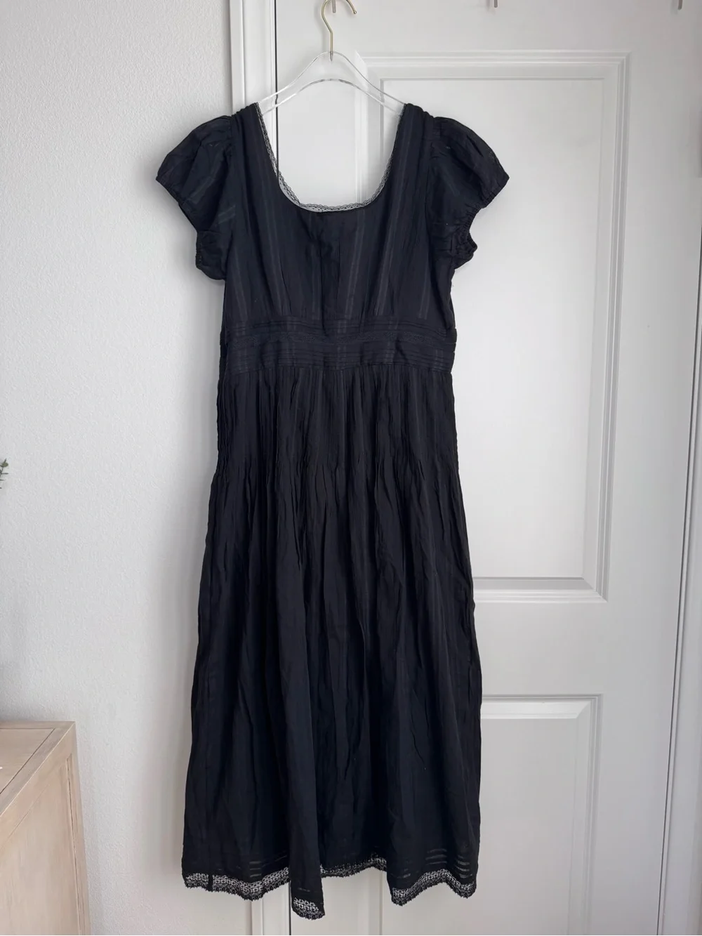 NWT J Crew Lace Trim Pintuck Midi Dress In Cotton Dobby In Black Size 14